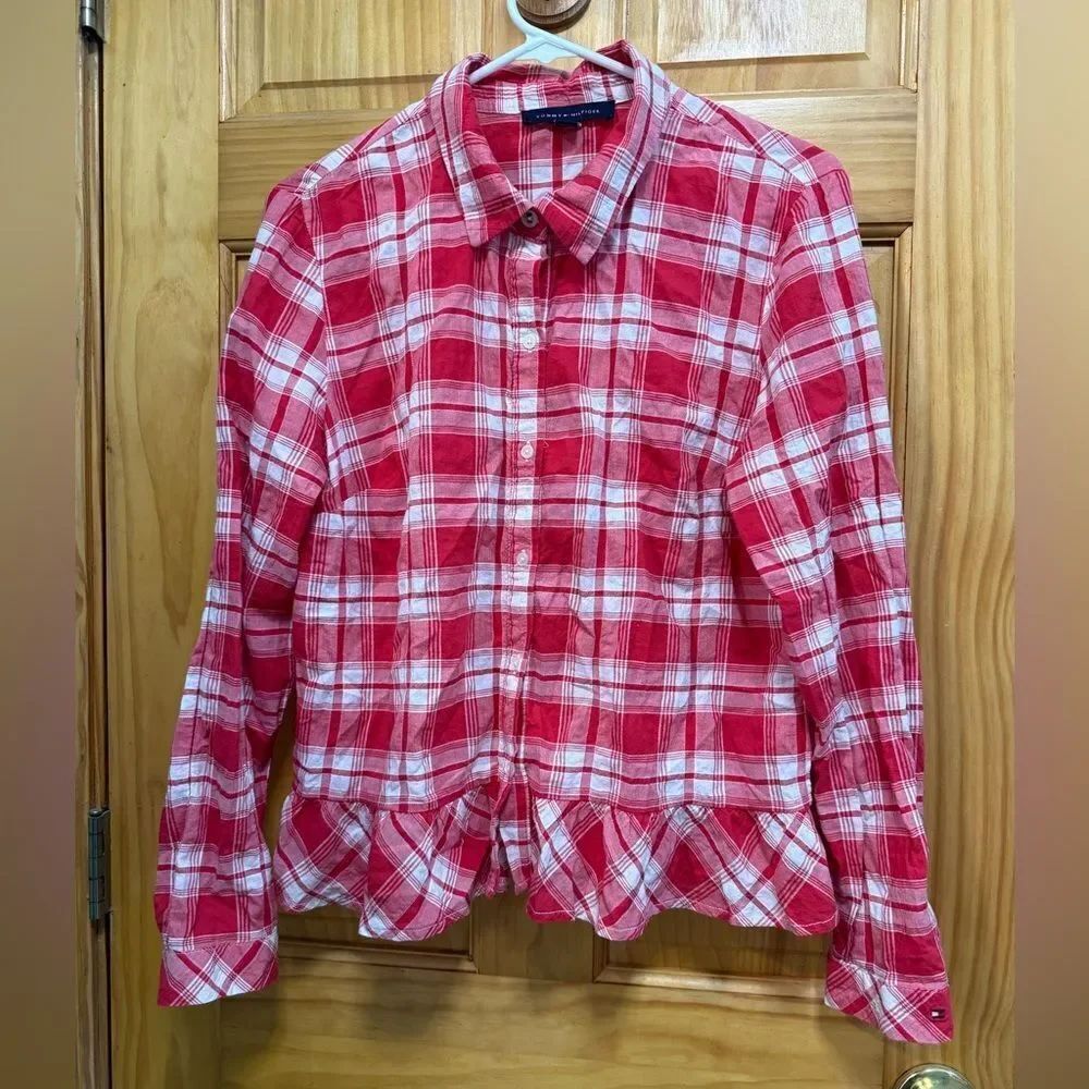 Tommy Hilfiger size M red and white plaid shirt with ruffle